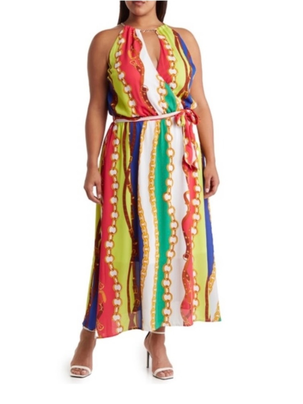 Love By Design Multicolor Striped Chain-Print Halter Maxi Dress